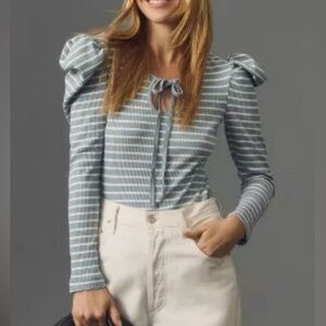 Anthro Porridge Dusty Blue Stripe Puff Sleeve Top Sz XL